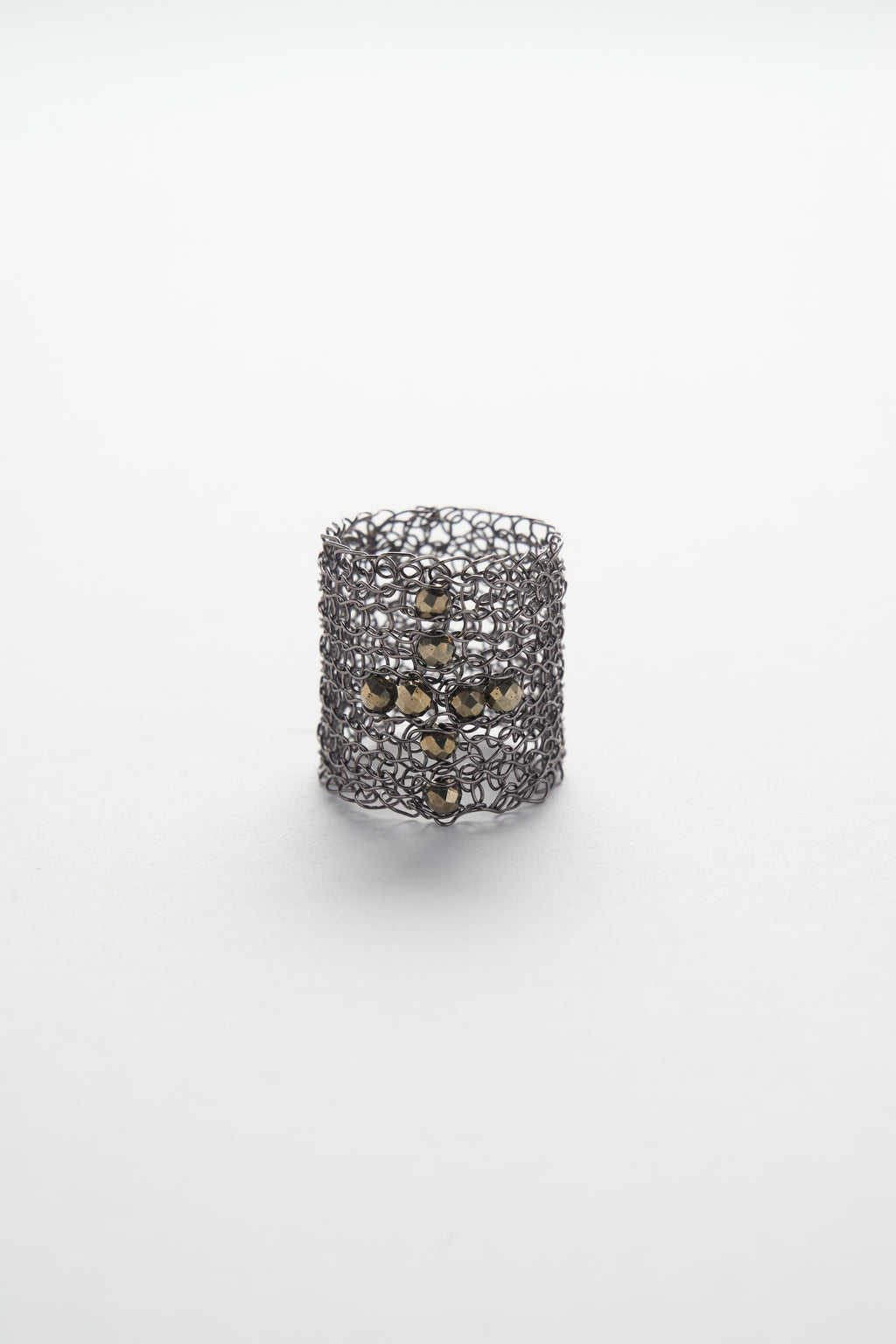 Wire Crochet Pyrite Cross Wide Ring (Gun-black)