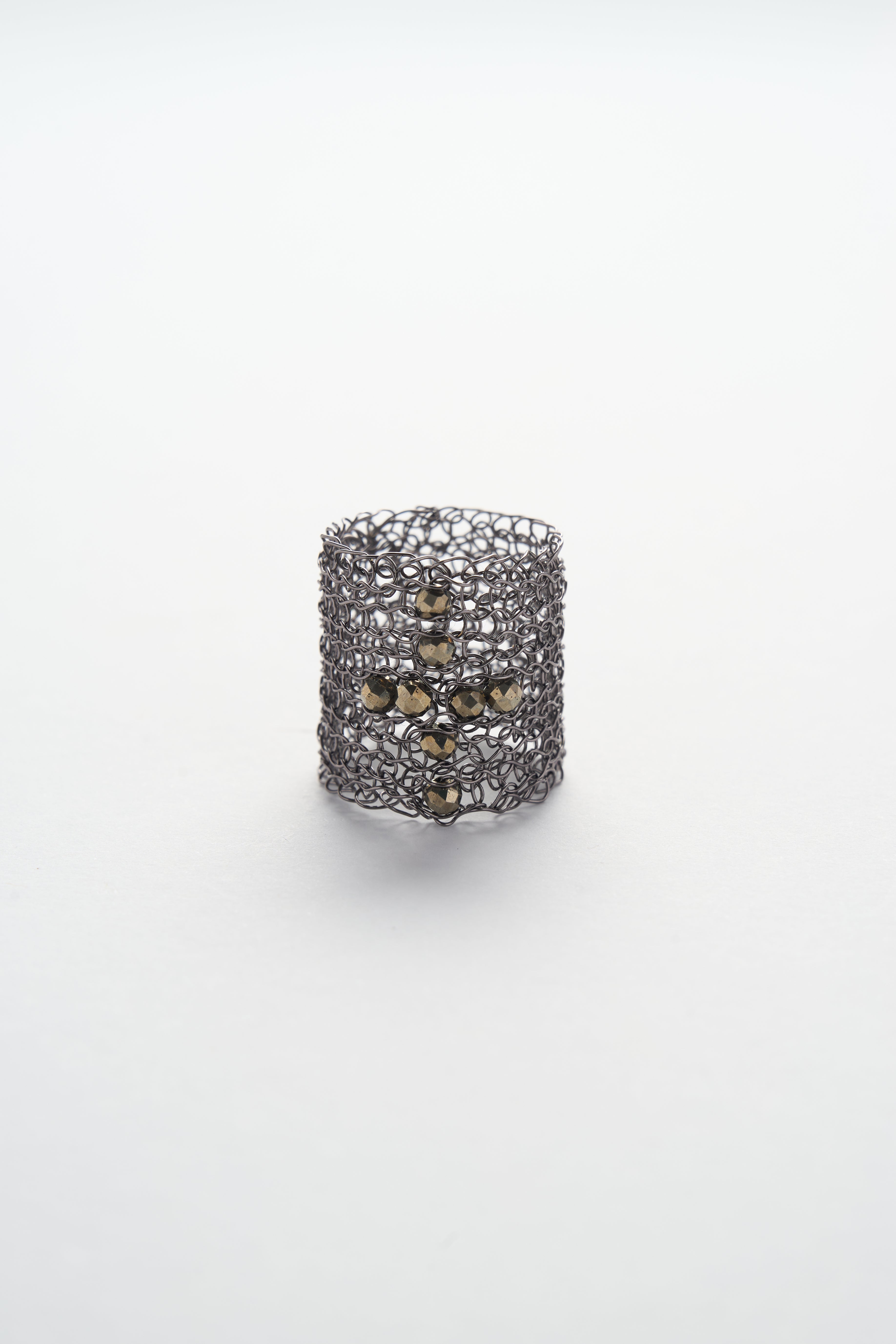Wire Crochet Pyrite Cross Wide Ring (Gun-black)