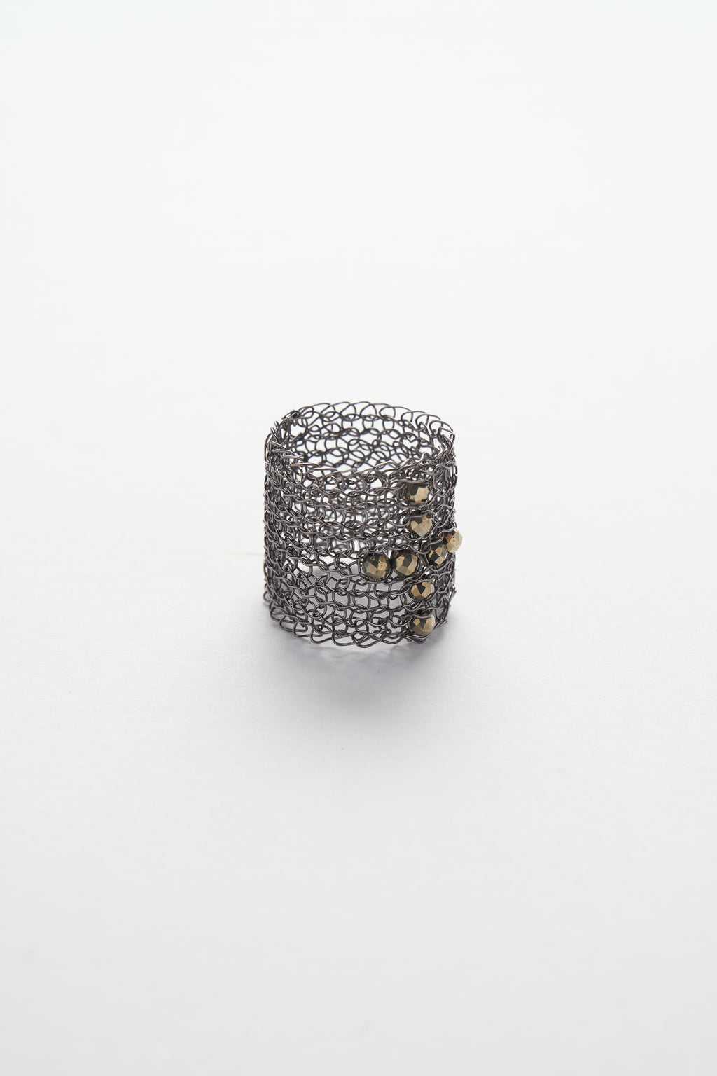Wire Crochet Pyrite Cross Wide Ring (Gun-black)