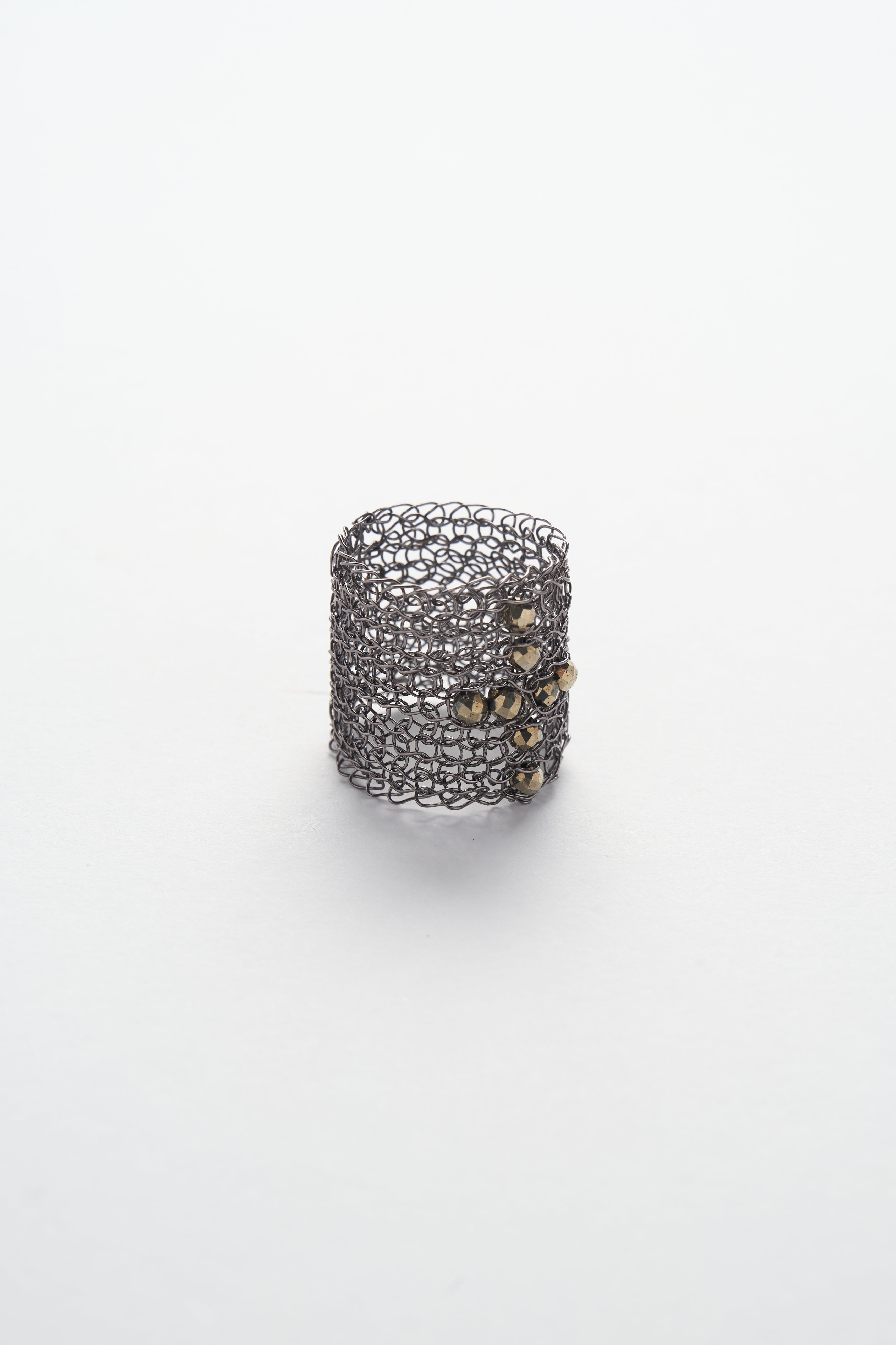 Wire Crochet Pyrite Cross Wide Ring (Gun-black)