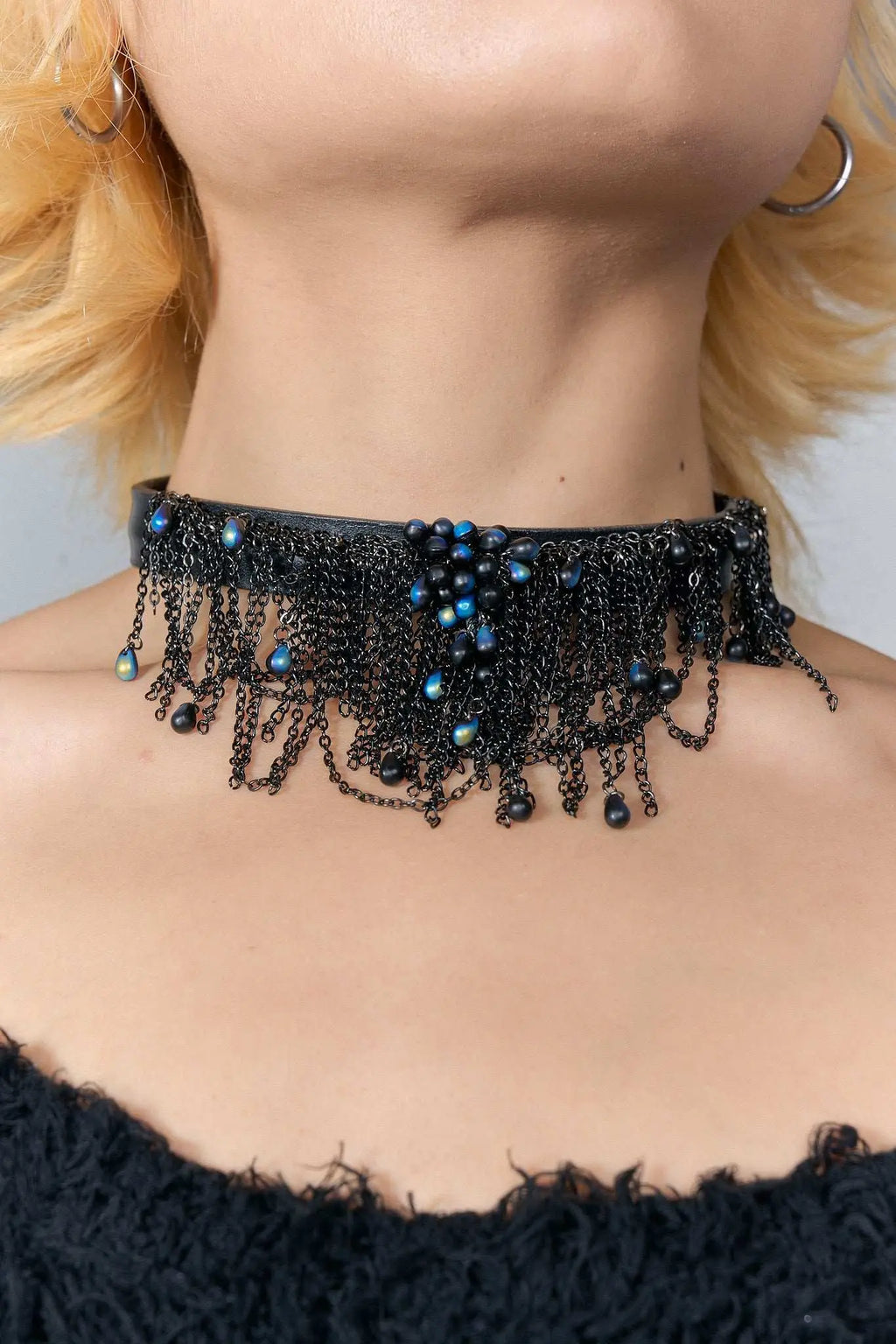 Dewdrops Leather Choker (Blue × Black)