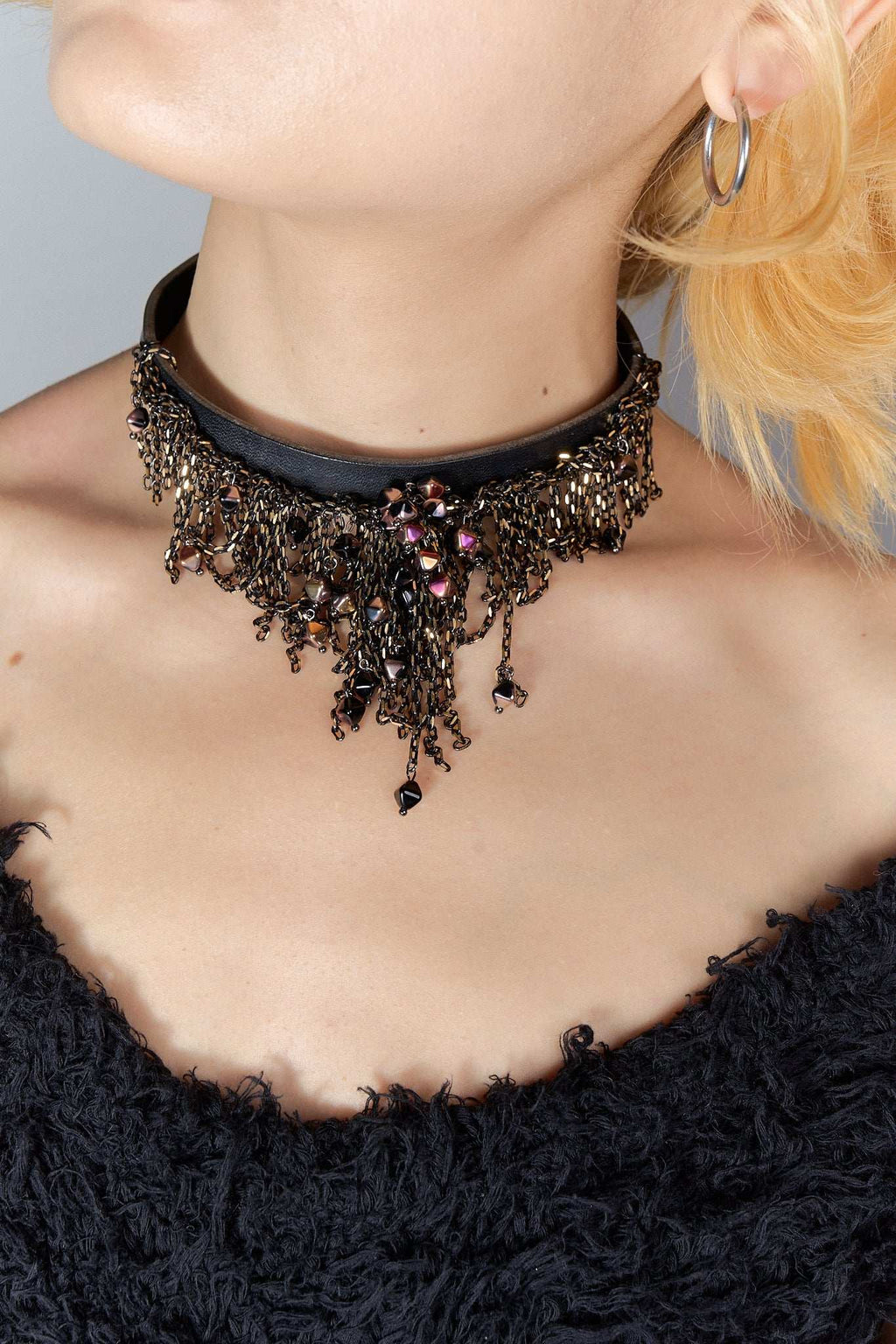 Dewdrops Leather Choker (Golden × Black)