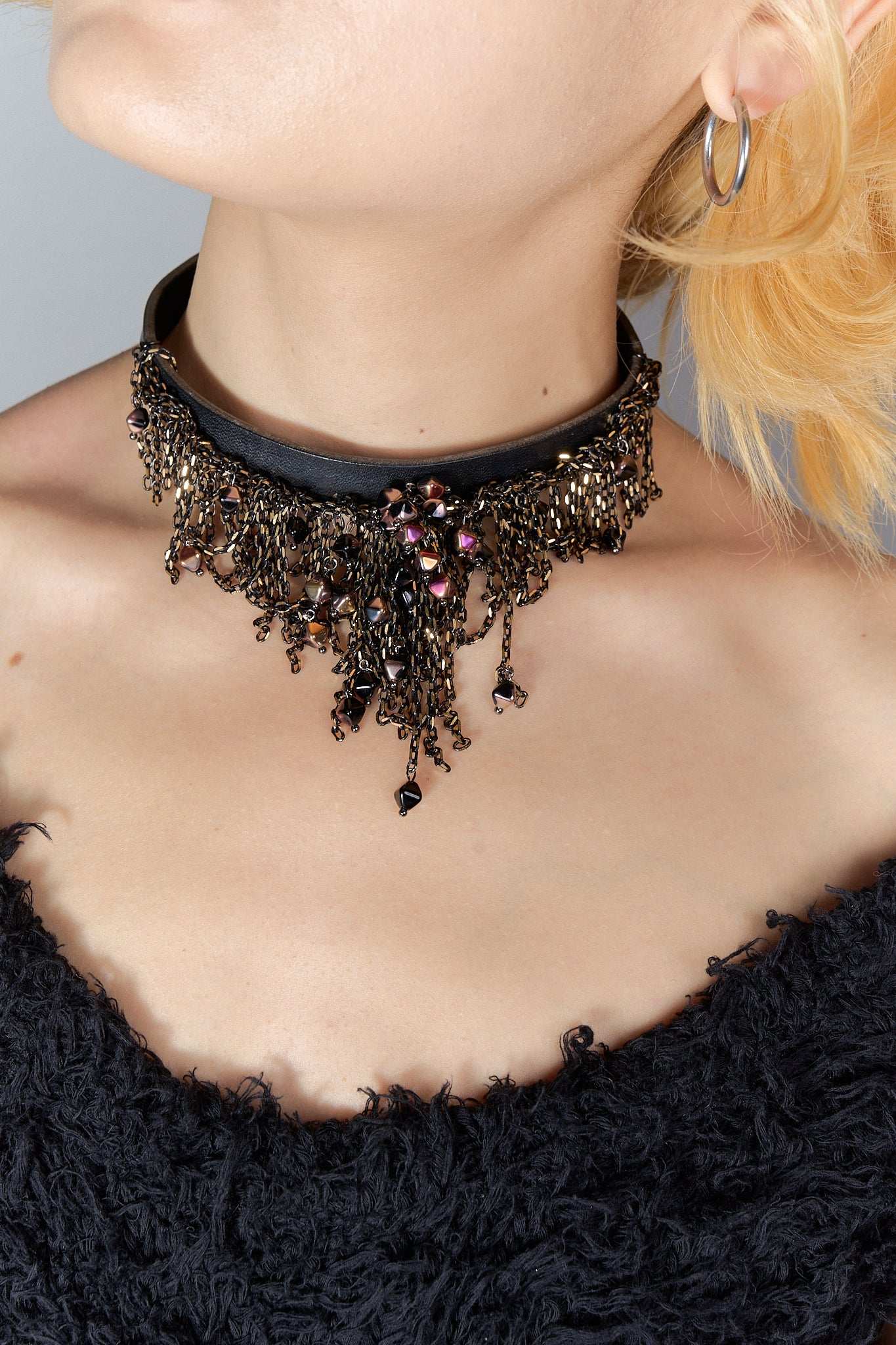 Dewdrops Leather Choker (Golden × Black)