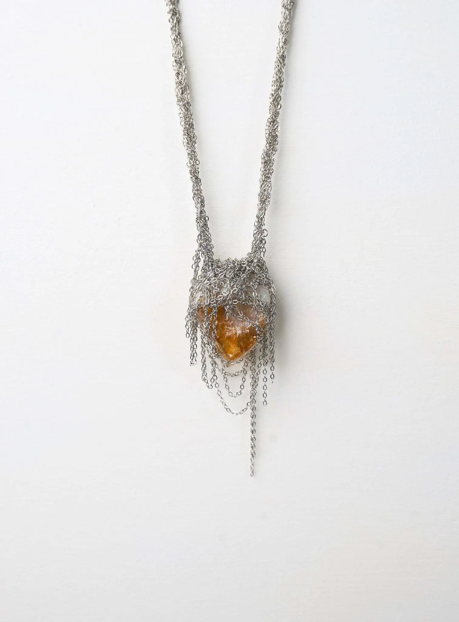 Metal Lace Citrine Necklace (Silver × Yellow Stone)