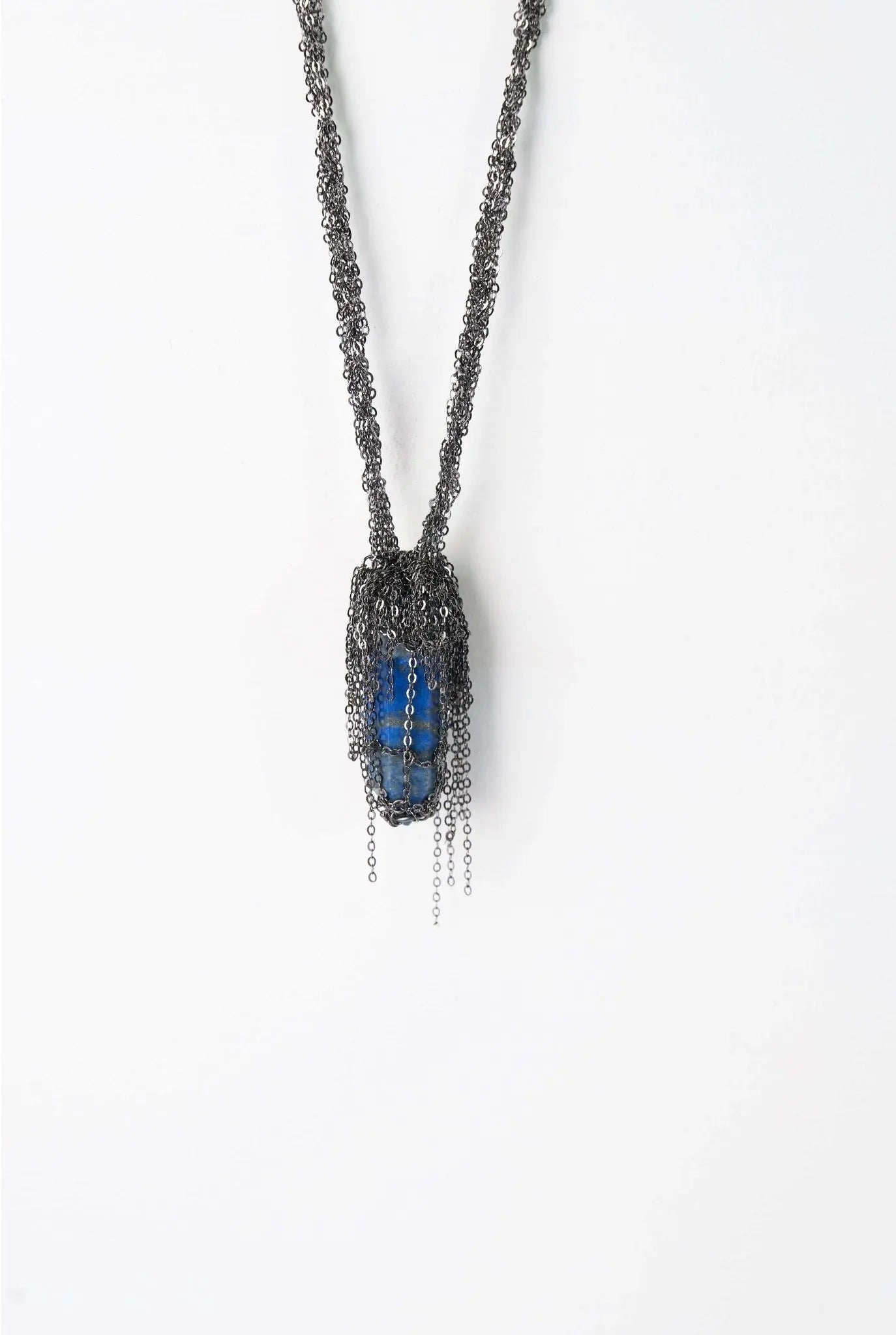 Metal Lace Necklace (Gun-black × Blue Stone)