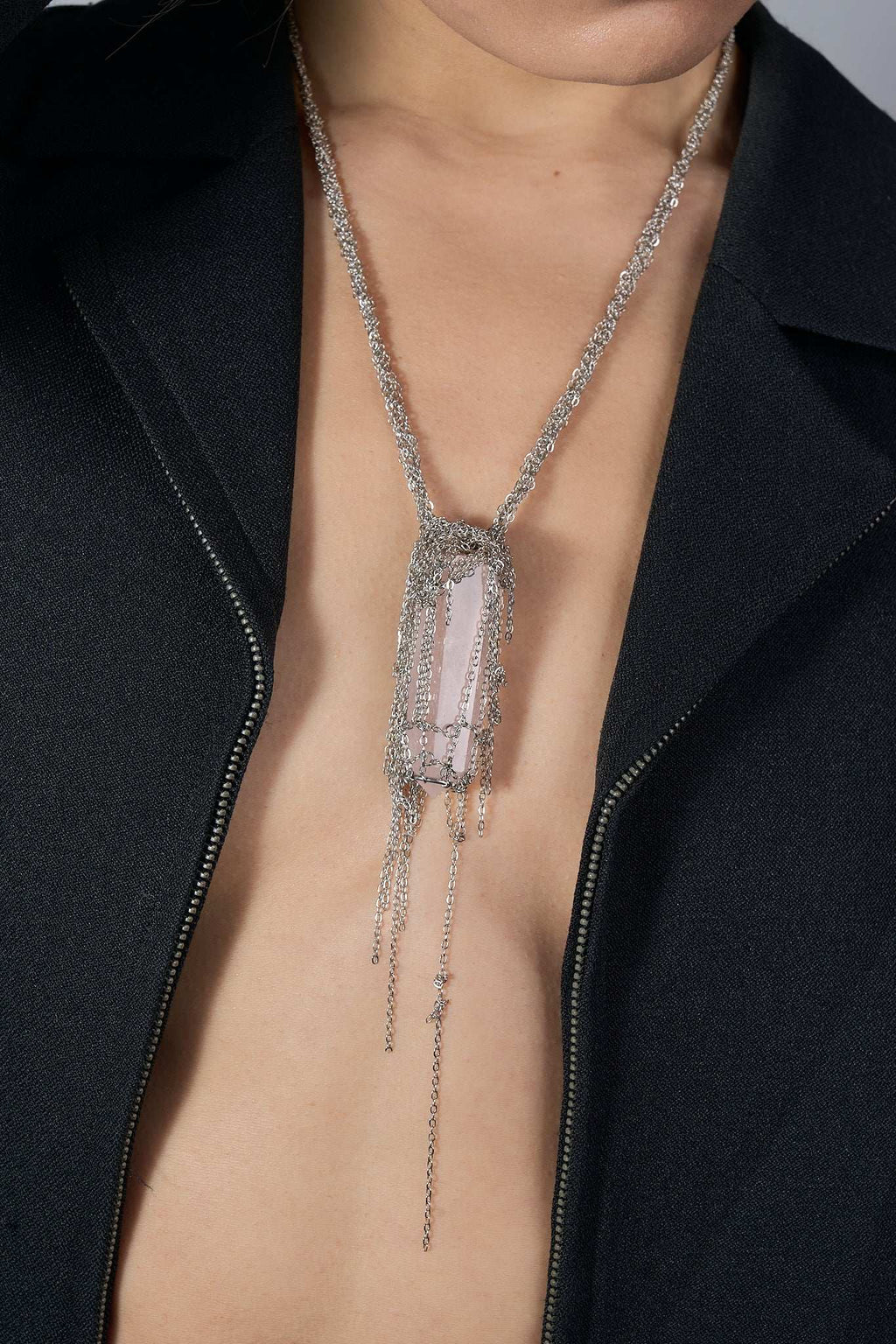 Metal Lace Necklace (Silver × Rose Quartz)