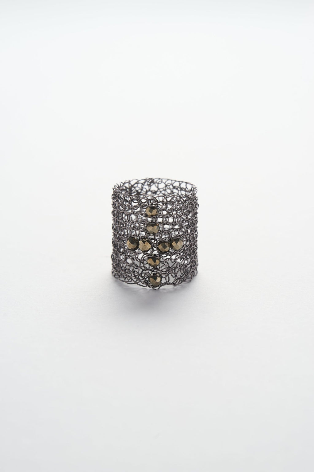 Wire Crochet Pyrite Cross Wide Ring (Gun-black)