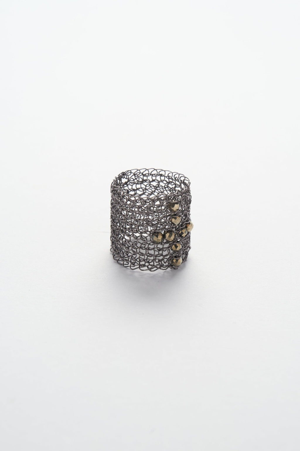Wire Crochet Pyrite Cross Wide Ring (Gun-black)