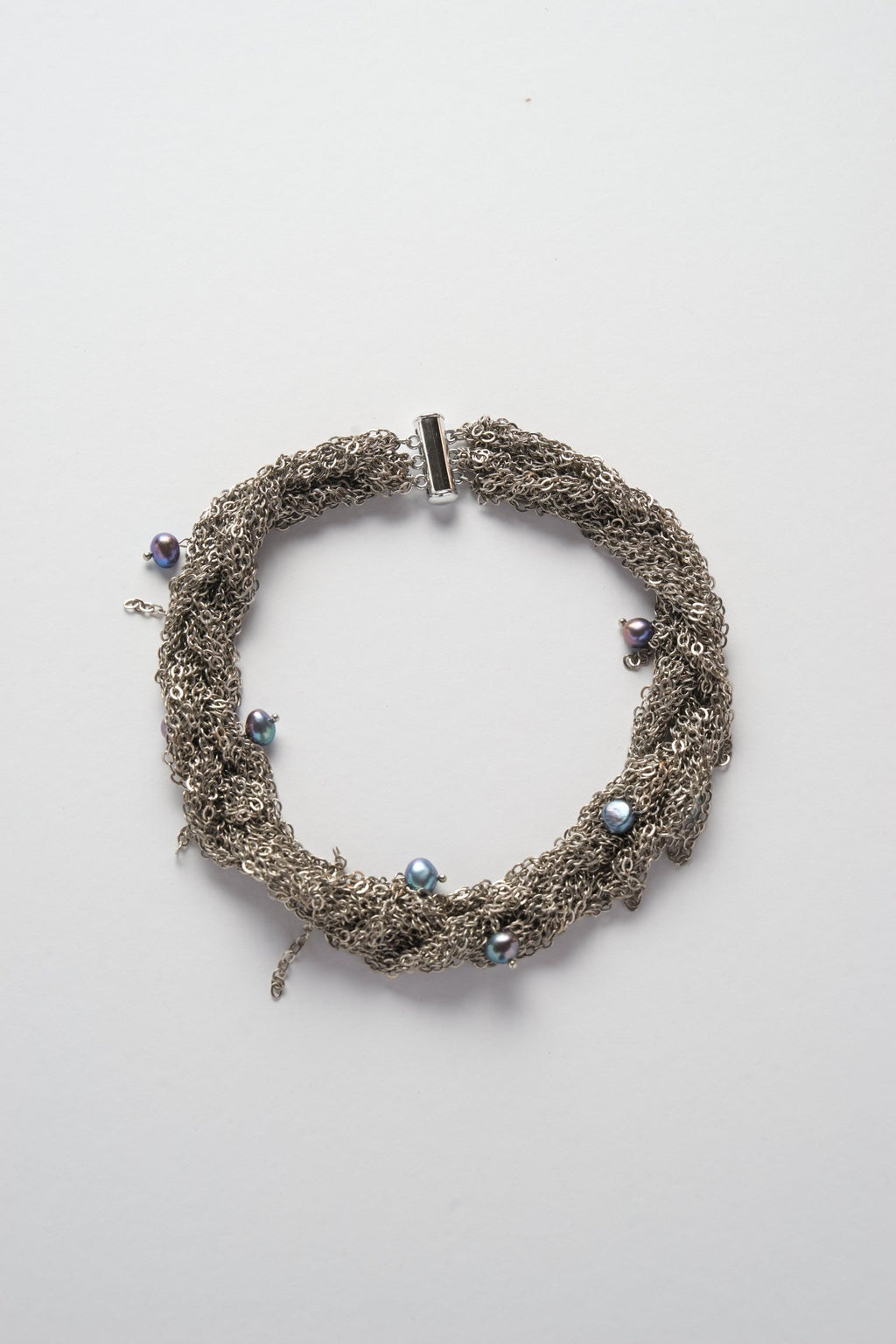Woven Chain Pearl Choker (Silver × Blue)
